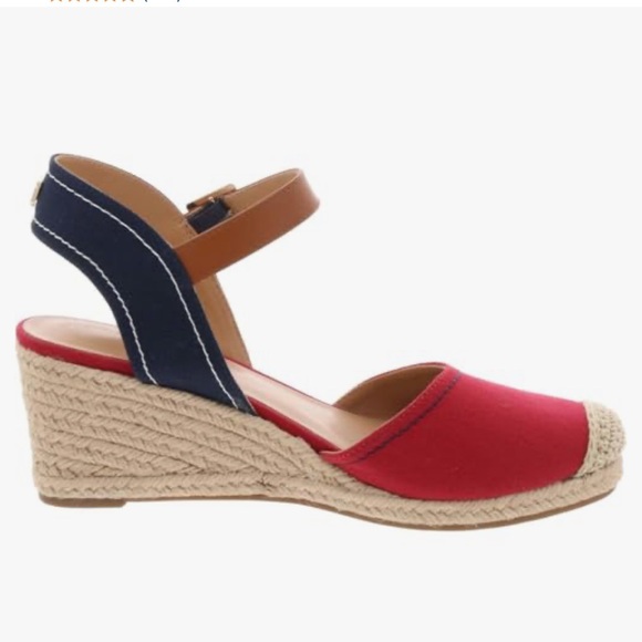 Tommy Hilfiger women's wedge espadrille ankle strap red and blue sandals - Picture 1 of 9